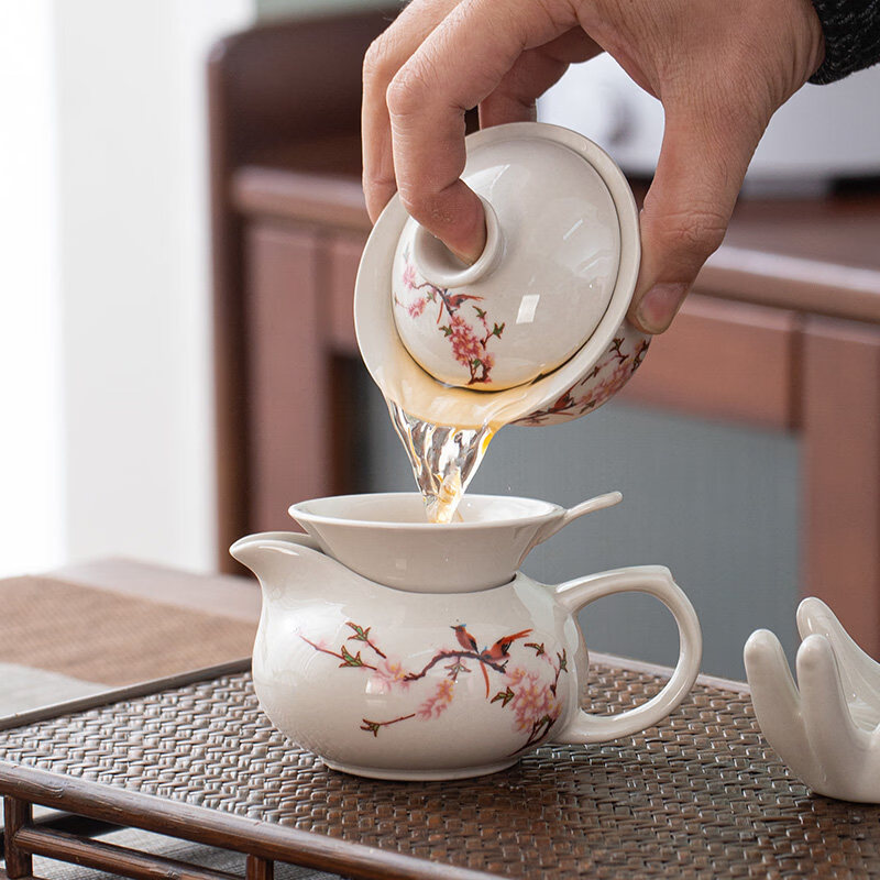 家用简约茶具套装国风陶瓷套组功夫创意礼品盖碗茶壶泡茶杯冲茶器 10头8杯盖碗-秀丽山水