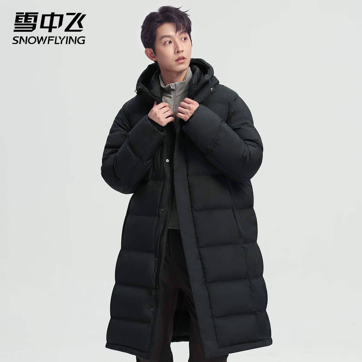 雪中飞男士羽绒服中长款冬季新款连帽运动休闲简约加厚保暖防寒羽绒外套 星耀黑 XL (180)