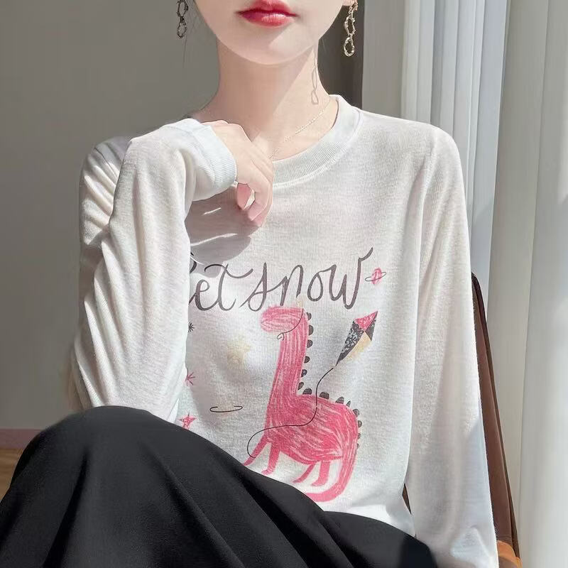 圆领长袖t恤女秋装宽松百搭印花显瘦休闲打底上衣 白色 2XL (150-175)
