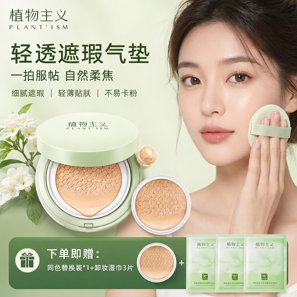 植物主义气垫bb霜粉底液定妆二合一遮瑕持久不脱妆自然京东自营适孕妇女
