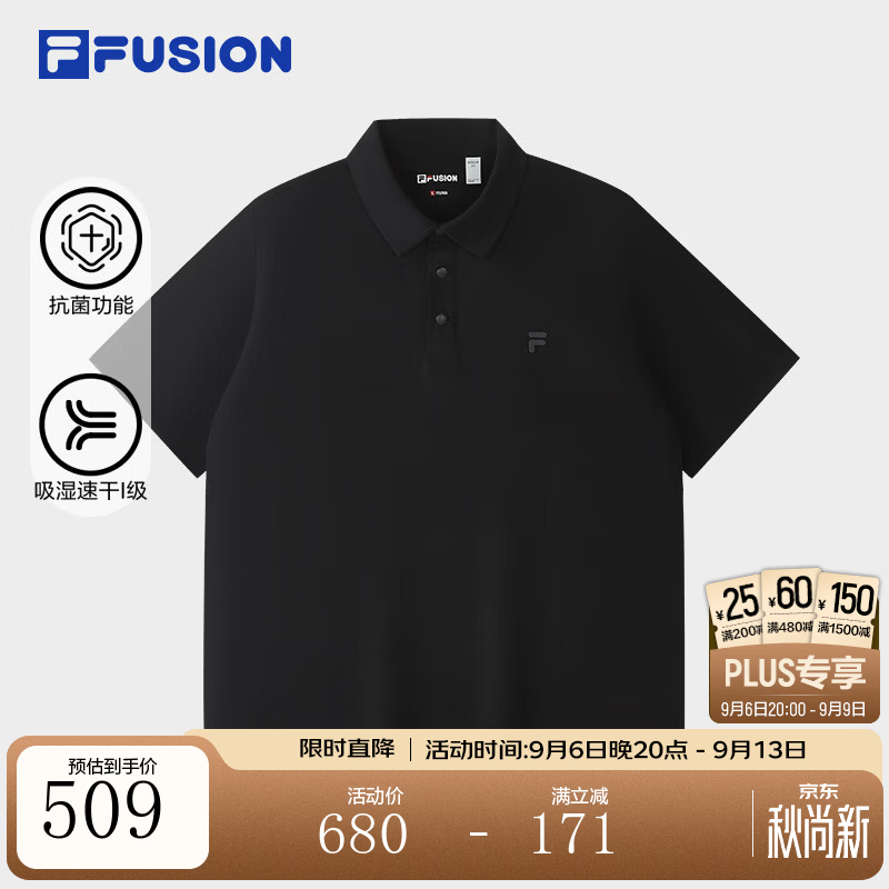 FILA FUSION潮牌吸湿POLO衫26秋季新款男士针织短袖速干上衣 正黑色-BK M 170/92A/M