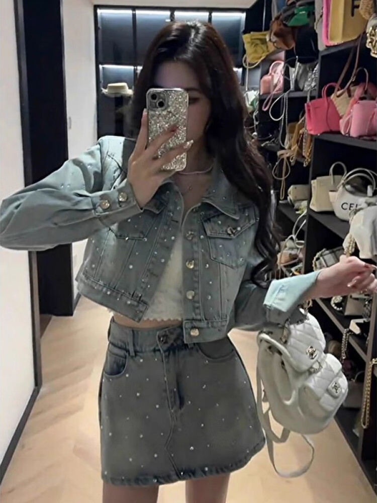 何健弓甜酷辣妹牛仔套装女春设计感短外套高腰半身短裙裤两件套两牛仔外 [两]牛仔外套+半身短裙裤 S 均码