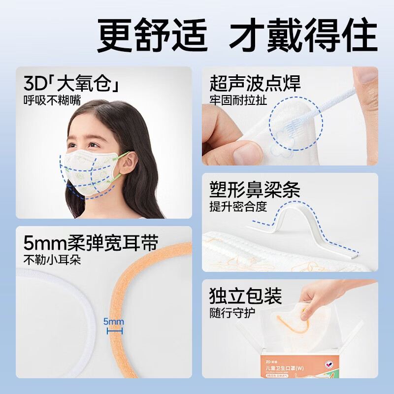 振德儿童口罩3D立体一次性独立包装卡通印花宝宝防晒防尘鼻炎过敏口罩 【升级新花色】3-6岁四色20只