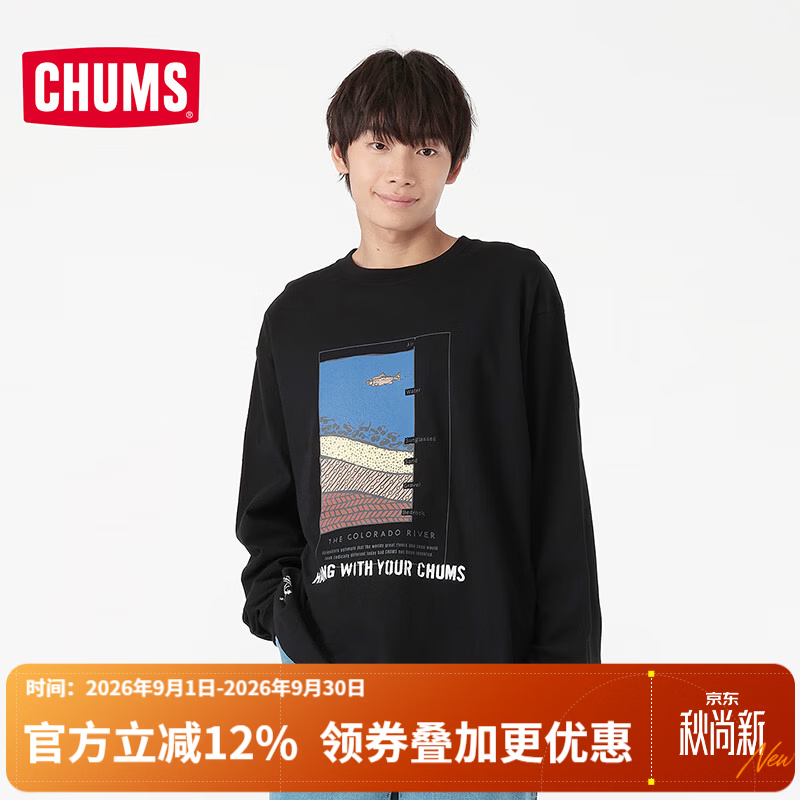 CHUMS洽洽鸟户外休闲衣棉质印花长袖T恤男女同款上衣秋冬CH01-2882 CH01-2882-K001 M （170）