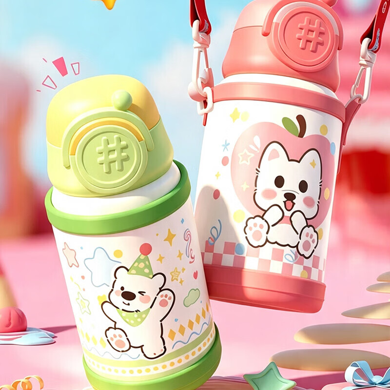 儿童水杯送防摔杯套316不锈钢保温杯带斜挎背带一键开盖耐用400ml 圣诞小熊/食品级316不锈钢/绿色 图 3