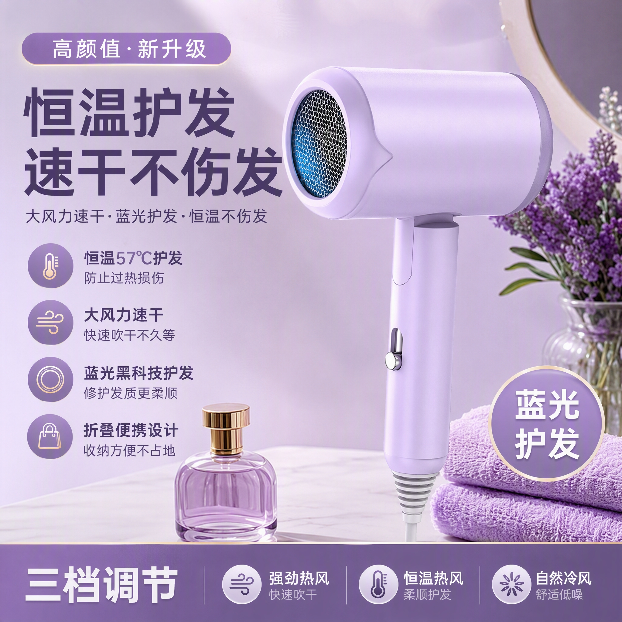 顺睿大风力速干负离子吹风机2400W大功率家用宿舍酒店可折叠便携式吹风筒 蓝光负离子-白色 2400W大功率 便捷可折叠