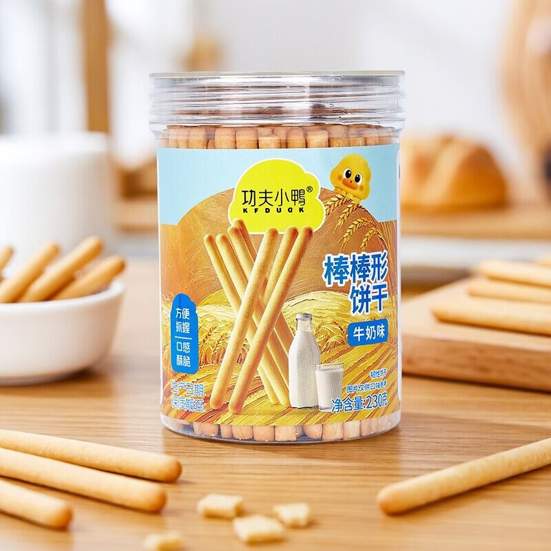 功夫小鸭棒棒饼干儿童零食炭烧棒牛奶棒饼干磨牙手指饼干蔬菜牛奶味水果味 4罐装【口味搭配或备注】