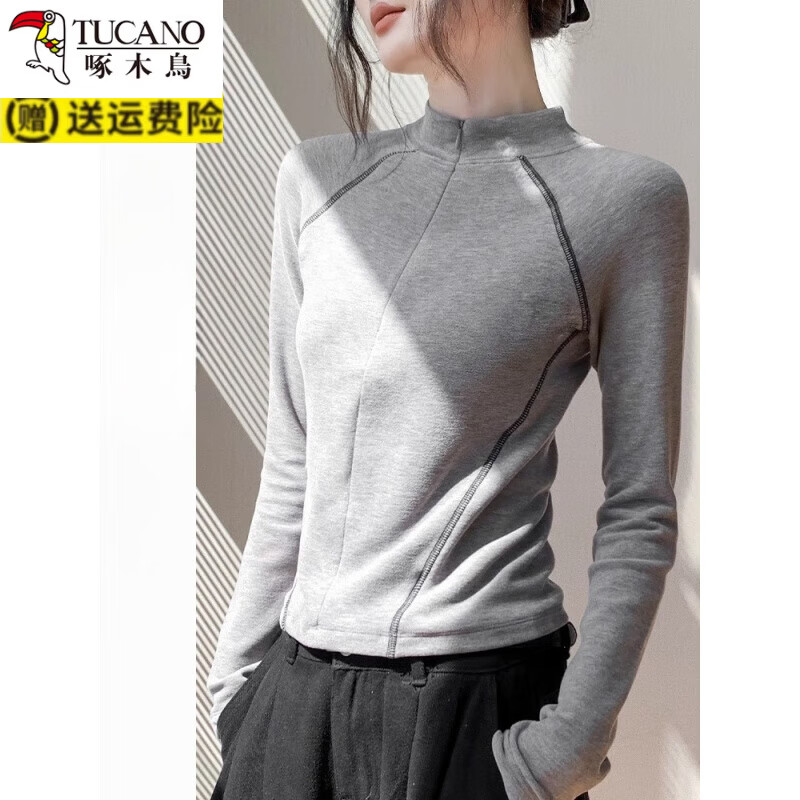啄木鸟（TUCANO）拉链半高领双面德绒卫衣女秋冬韩版修身显瘦内搭保暖打底长袖上衣 黑色 3XL 建议130-150斤内