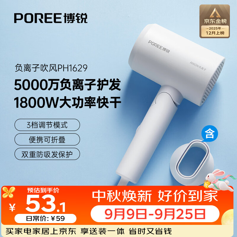 飞科（FLYCO）博锐电吹风机1800W大功率 负离子护发可折叠便携学生宿舍家用送女生礼物【爆款负离子】PH1629