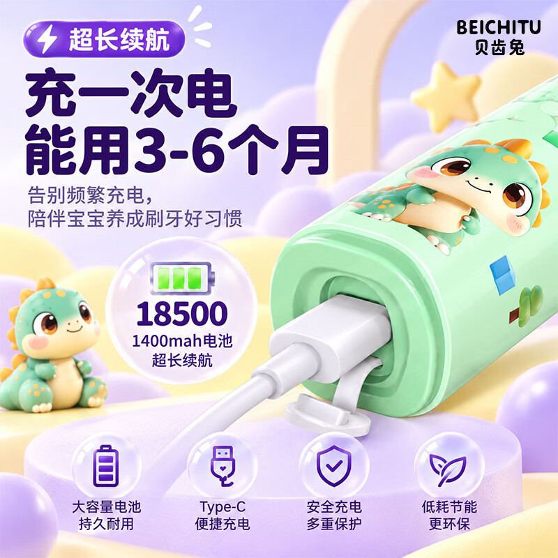 贝齿兔BEICHITU儿童电动牙刷3-9-12岁青少年专用智能牙刷定时软毛护龈充电款换牙期学生儿童生日礼物 可爱紫+4刷头【卡通屏】