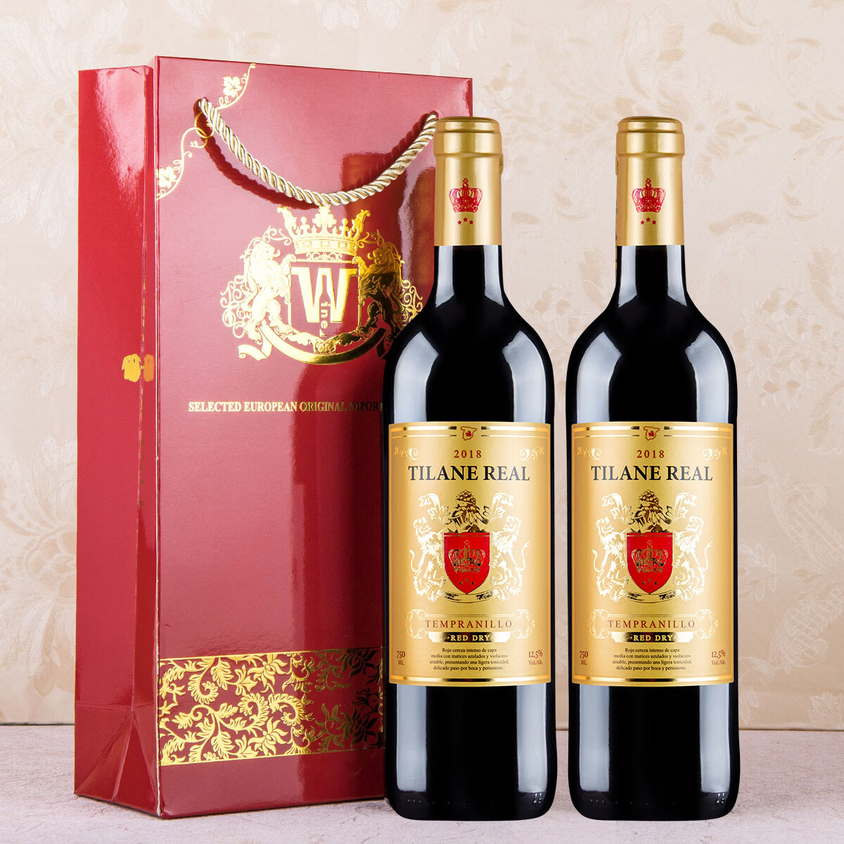 皇家蒂朗（Tilane Real）中秋贺礼原瓶进口红酒入口柔顺酒庄直供西班牙干红葡萄酒750ml*2 配送礼礼袋750ml*2