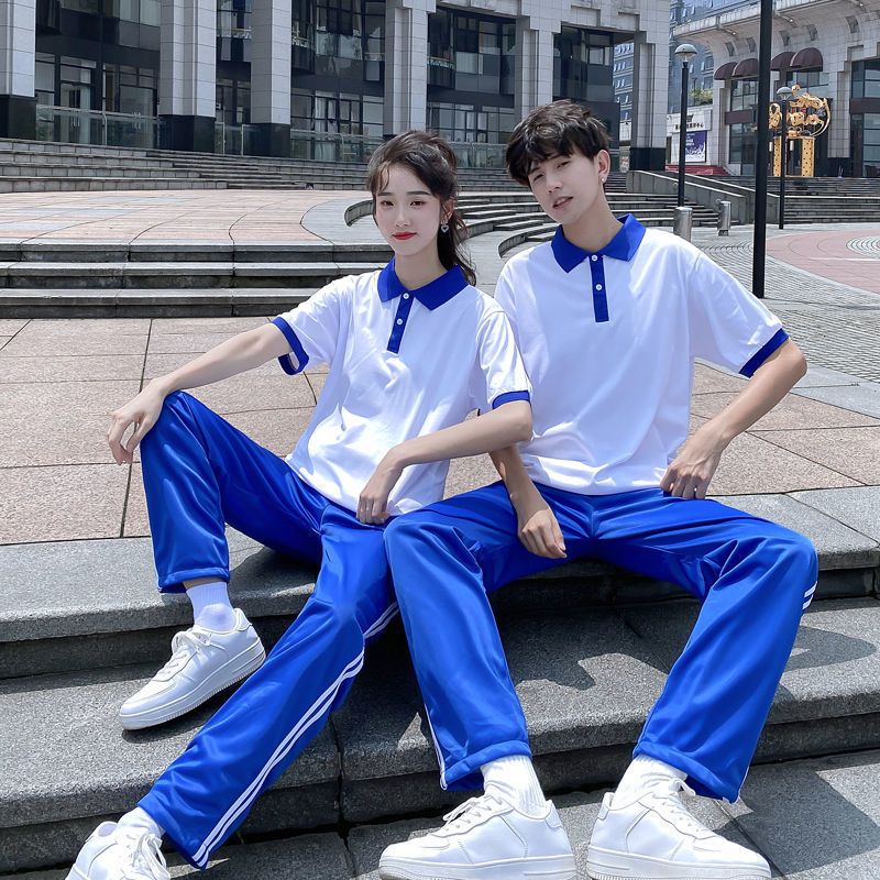照学士服夏季初高中学生蓝领polo衫校服男女短袖上衣 白蓝上衣 裤子