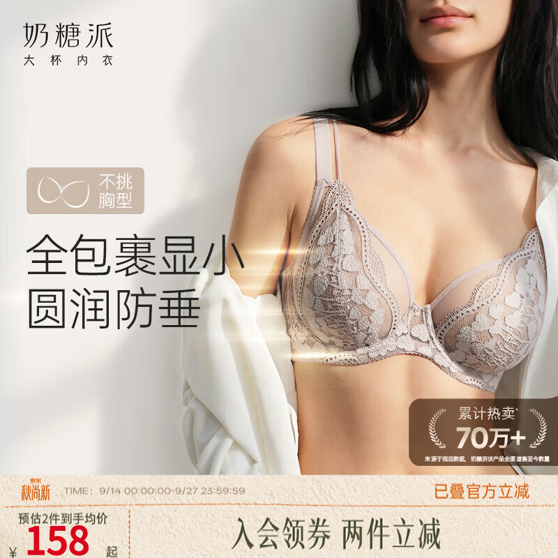 奶糖派（Candy la vie）嫣语兔耳版法式蕾丝大胸显小内衣超薄透气收副乳文胸送女友 紫灰色 【法式显小防凸点】 80D