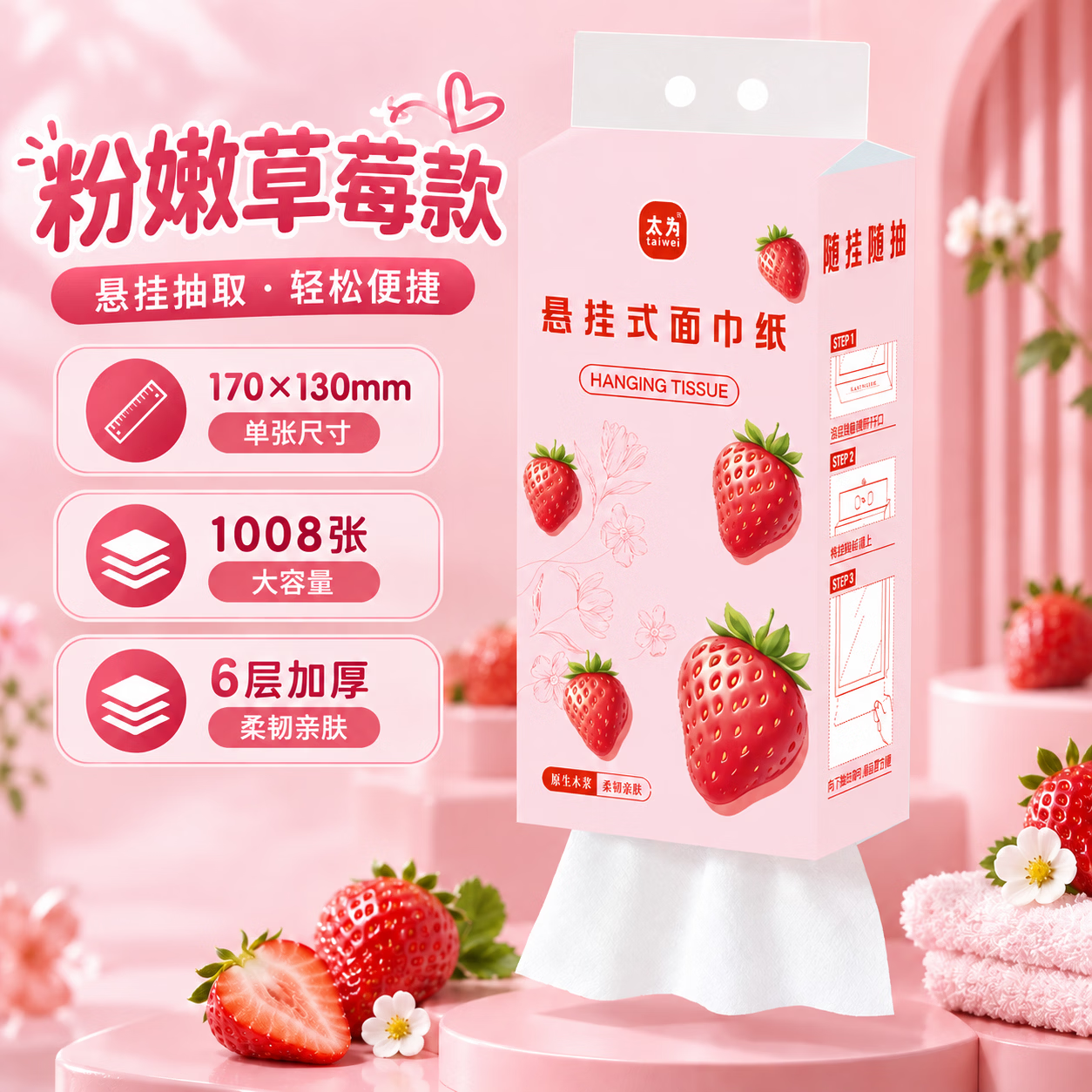 整箱12大提悬挂式抽纸6层加厚大包家用卫生纸擦手纸面巾纸抽纸巾 【可爱系列/粉色草莓】12提
