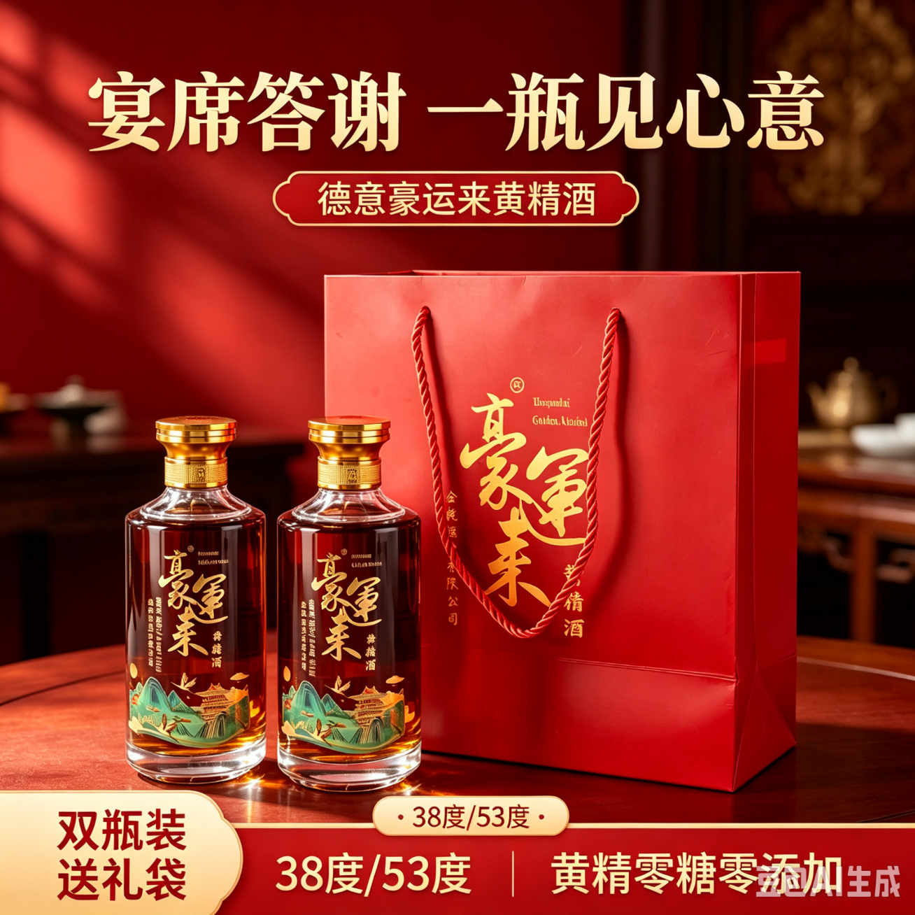 德意豪运来黄精酒2瓶零添加草本养生酒38度500毫升礼盒送礼庆功送礼袋 38度 500mL 2瓶