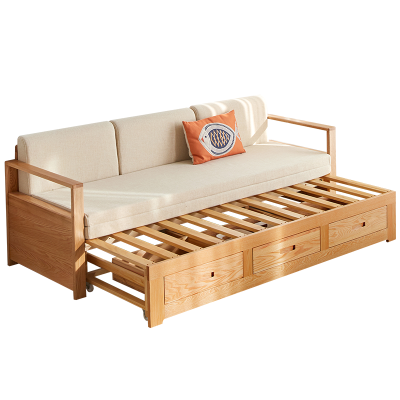 原始原素 实木沙发床 两用北欧小户型多功能可折叠推拉伸缩床 米白色垫子 JD-2091