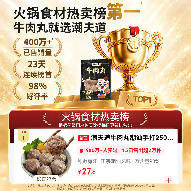 潮夫道牛肉丸潮汕手打250g 火锅丸子食材关东煮丸料空气炸锅麻辣烫烧烤