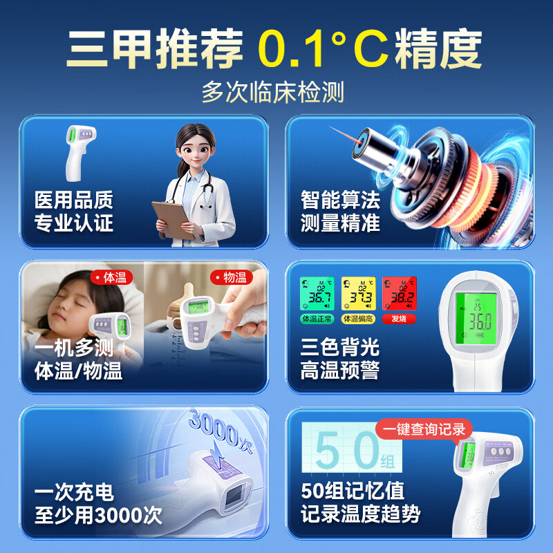 可孚 电子体温计儿童婴儿家用医用额温耳温枪红外线宝宝温度计测温仪 【升级充电款】USB充电+三色背光+语音播报