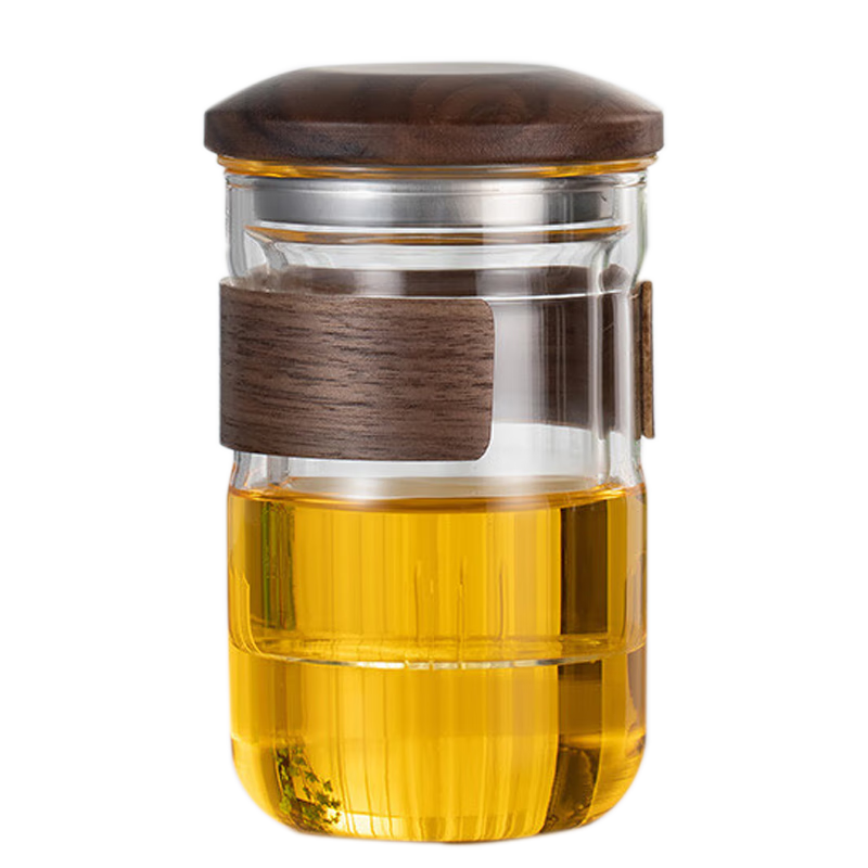 全度（Quandu） 辦公杯茶杯玻璃杯辦公室水杯子過(guò)濾喝茶水分離杯泡綠茶紅茶杯 胡桃木三件杯透明色350ml