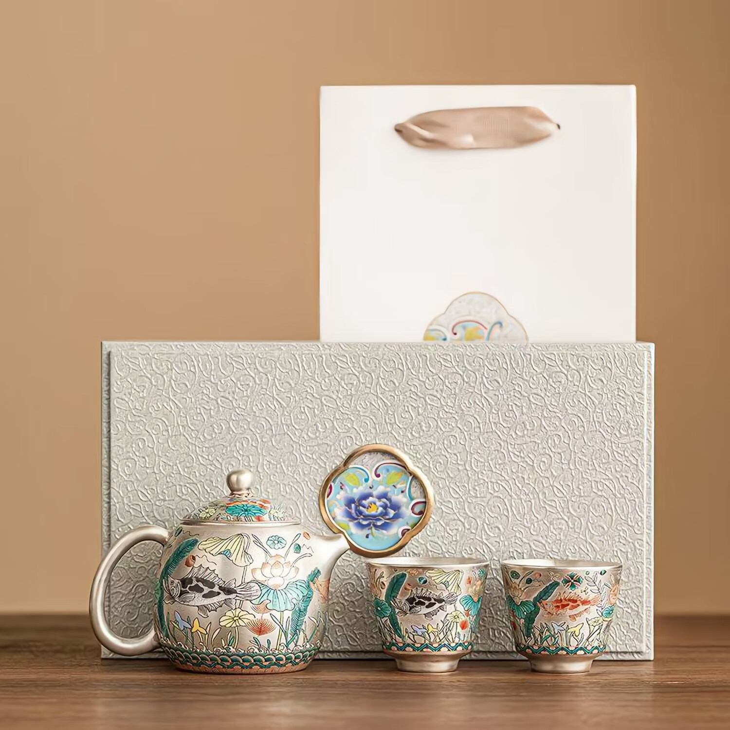 银壶999泡茶壶套装鎏银功夫茶具套装茶杯家用商务高档送礼礼品装 鎏银鱼藻纹茶壶+2杯子礼盒装 1件 101mL(含)-200mL(含)
