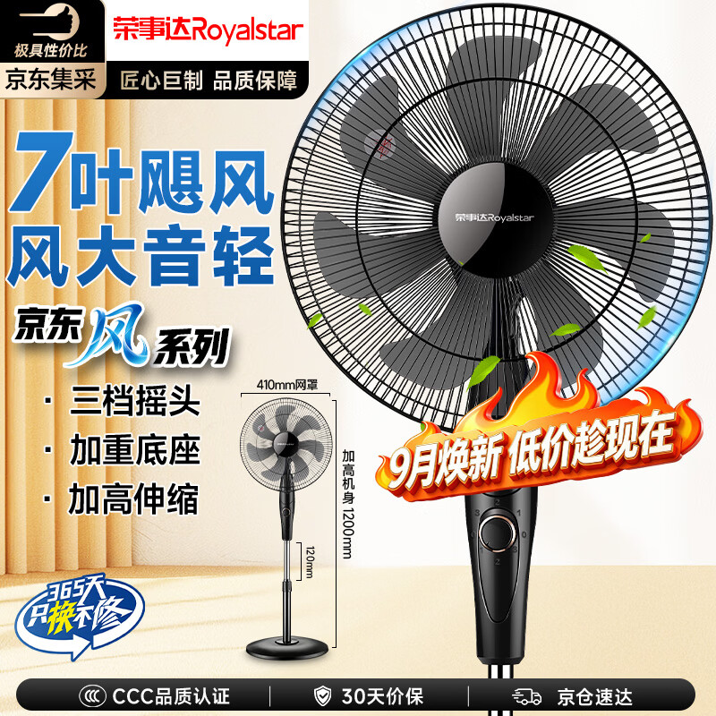 荣事达（Royalstar）【京·东风系列】电风扇七叶家用摇头落地扇节能电扇宿舍办公室客厅大风量循环扇3档16英寸机械款