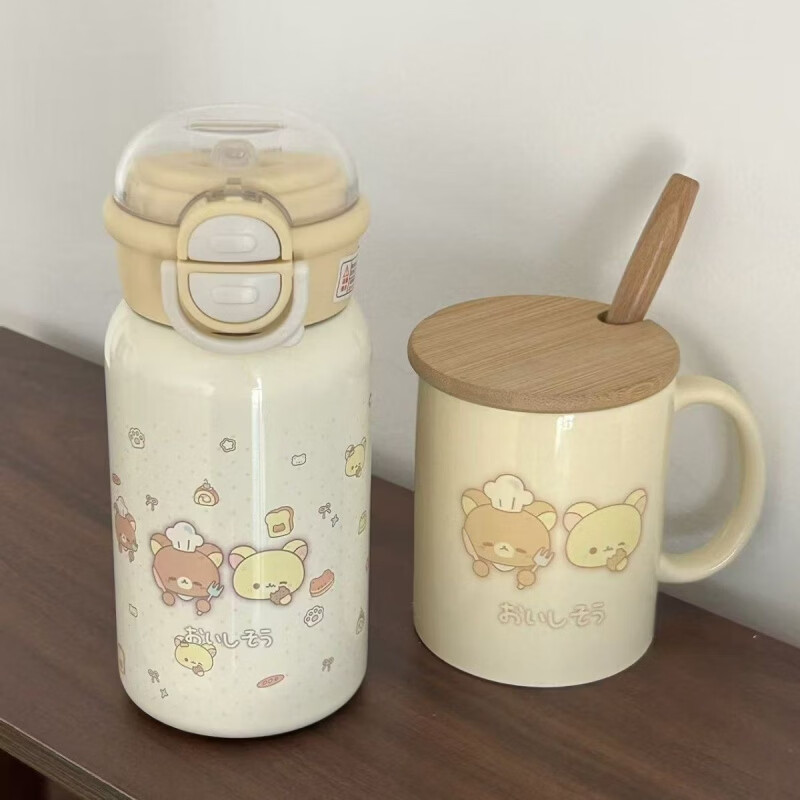 希诺(heenoor)可爱轻松熊保温杯水杯女生高颜值儿童上学专用吸管杯子大容量可携 爱心小猫星球杯【500ml】