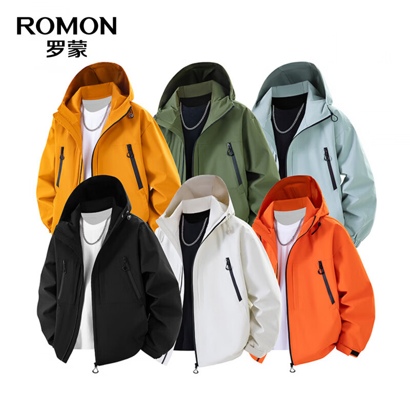 罗蒙(ROMON)防泼水户外休闲连帽夹克男士2026秋季新款中青年时尚百搭外套男 曜石黑 【拉链款】 L (175) (适合125-145斤)
