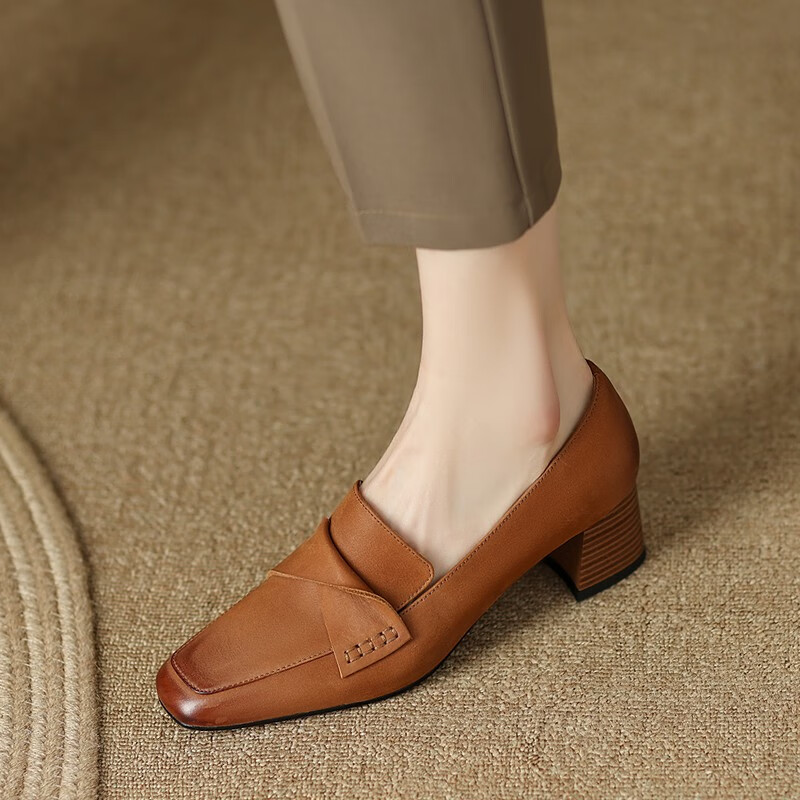 蓮汀里外全皮单鞋女百搭方头一脚蹬懒人鞋春季新款粗跟中跟法式小皮鞋