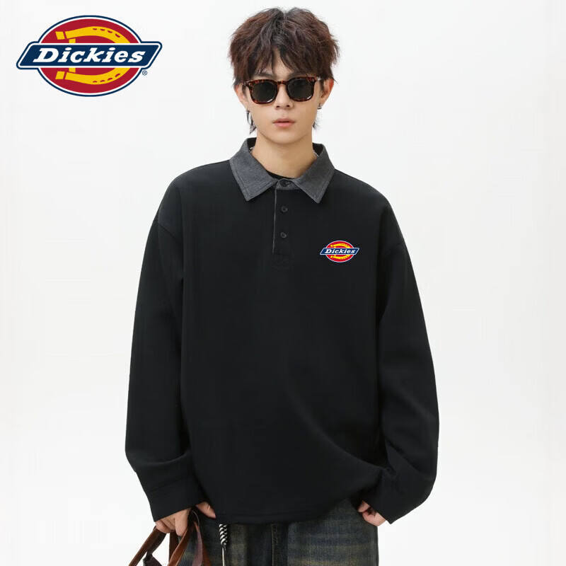 Dickies假两件翻领长袖POLO衫卫衣男士2026秋季新款休闲宽松上慵懒风服装 曜石黑 【官方正品】 常规 3XL 【建议170-190斤】