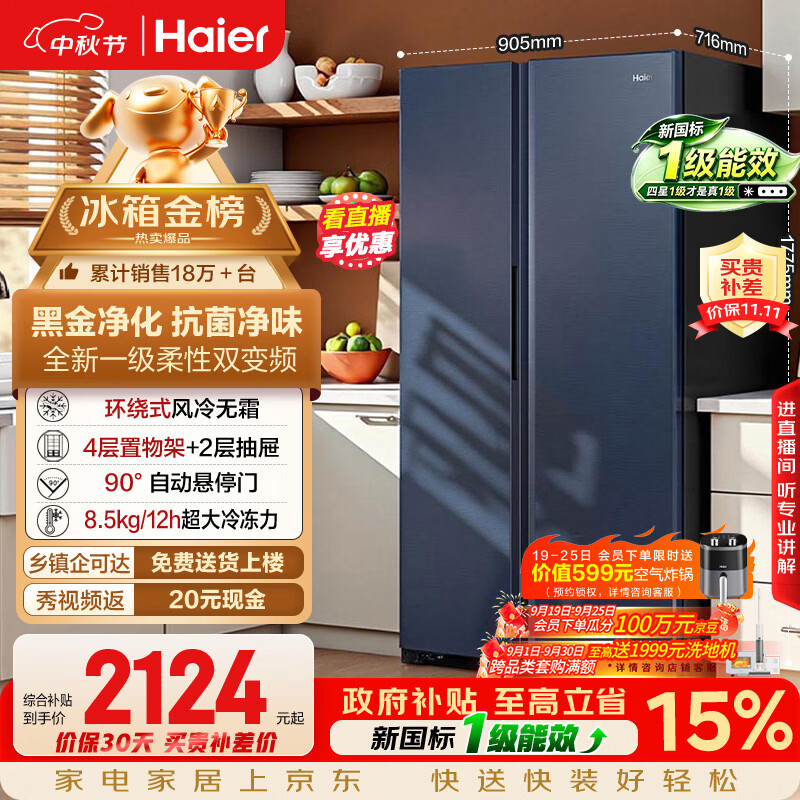 海尔618L对开双开门家用电冰箱黑金净化新国标一级能效超大容量抗菌净味风冷BCD-618WGHSSEDBL国家补贴