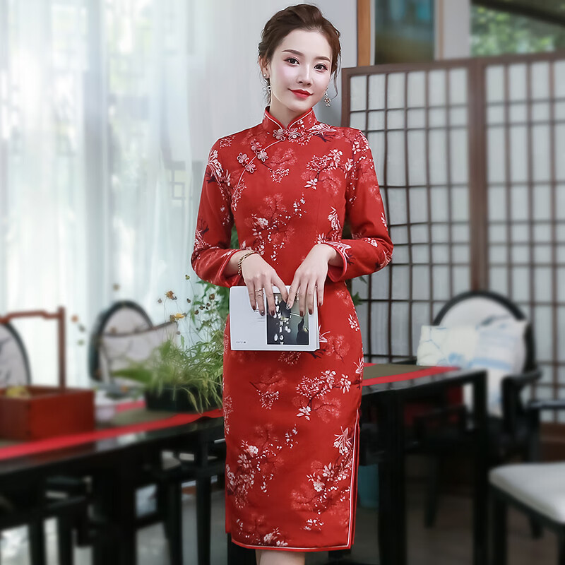 秀觀唐红盈冬装过年战袍复古中国风妈妈装婚礼夹棉旗袍喜庆礼服红色 红色 M