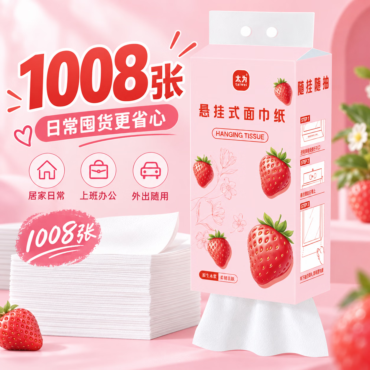 整箱12大提悬挂式抽纸6层加厚大包家用卫生纸擦手纸面巾纸抽纸巾 【可爱系列/粉色草莓】12提