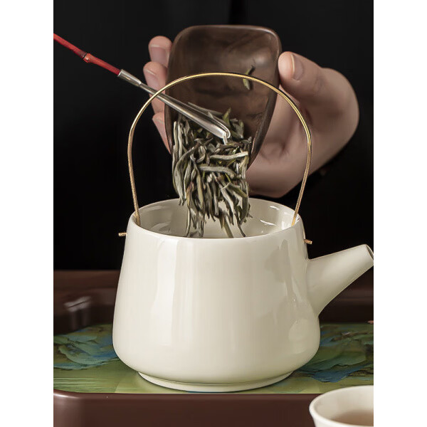 提梁壶茶具整套功夫套装家用陶瓷茶壶茶杯轻奢高档泡茶器玻璃托盘 HB墨绿色提梁壶+2杯+长方千里江山玻璃托盘 1件