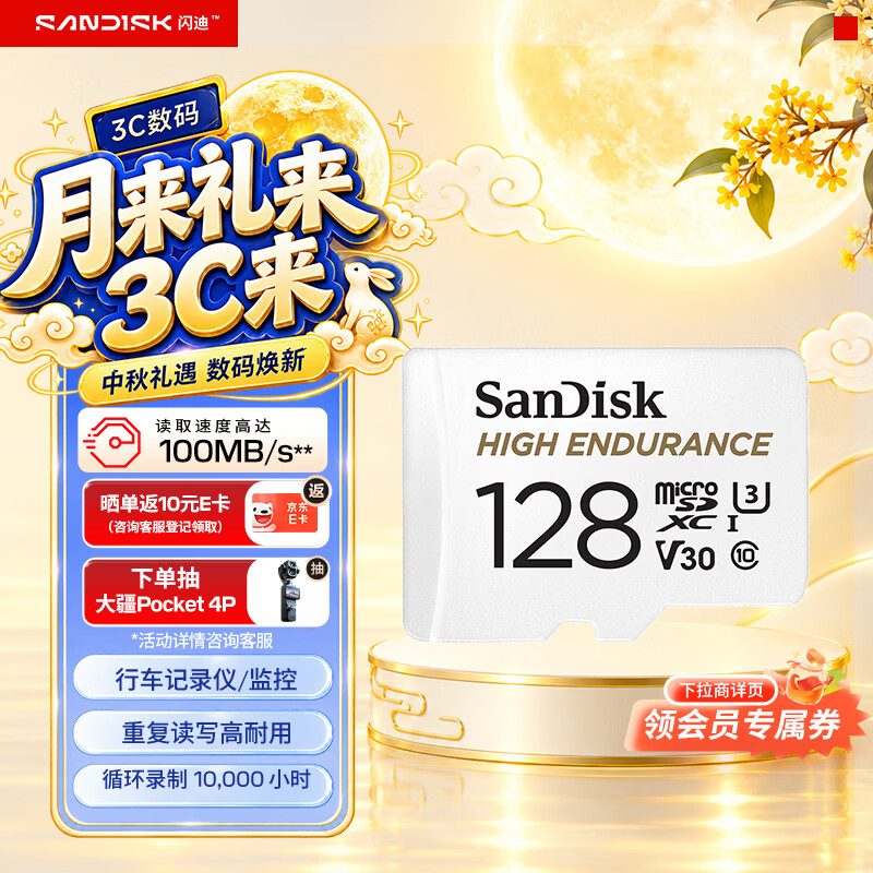 Sandisk闪迪128GB TF（MicroSD）4K内存卡 行车记录仪 监控摄像头专用 循环录制10,000小时 高耐用存储卡