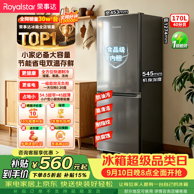 荣事达（Royalstar）170升小冰箱小型家用出租房办公室宿舍双开门两门电冰箱节能省电低音钛深灰R170