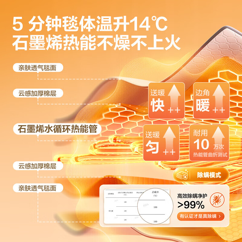 艾美特水暖毯【双面科技棉+石墨烯】双人电褥子家用调温无极亮度触摸灯除湿除螨水热毯循环床垫定时恒温 “更轻音”【180cmx200cm】
