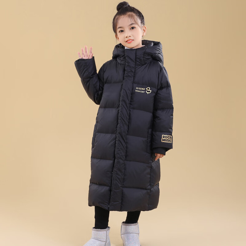 奕旗儿童长款亲子过膝加厚款羽绒服东北极寒黑金三防运动衣服童装外套 黑色 175