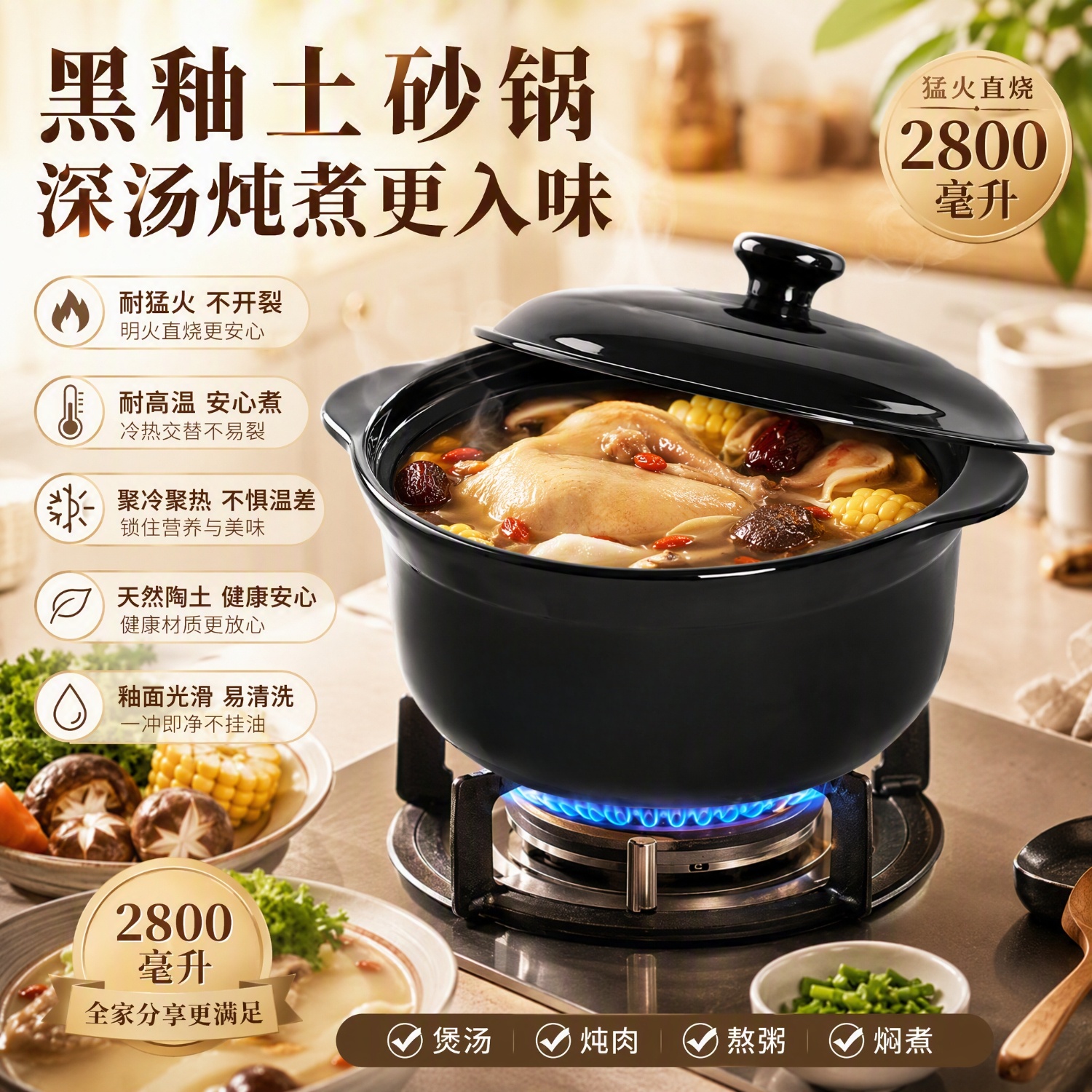 常康砂锅炖锅家用煤气砂锅防干烧明火耐高温汤锅汤煲石锅商用明火 炖锅干烧不易裂 2800ml 京东折扣/优惠券