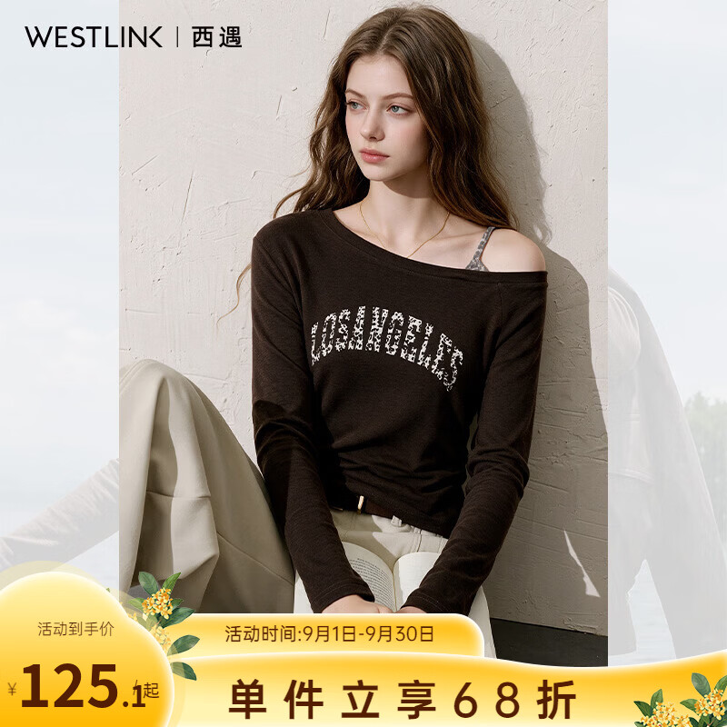 西遇（Westlink）2026秋复古假两件露肩字母印花长袖T恤收腰显瘦内搭打底衫上衣女 咖色 M (160)