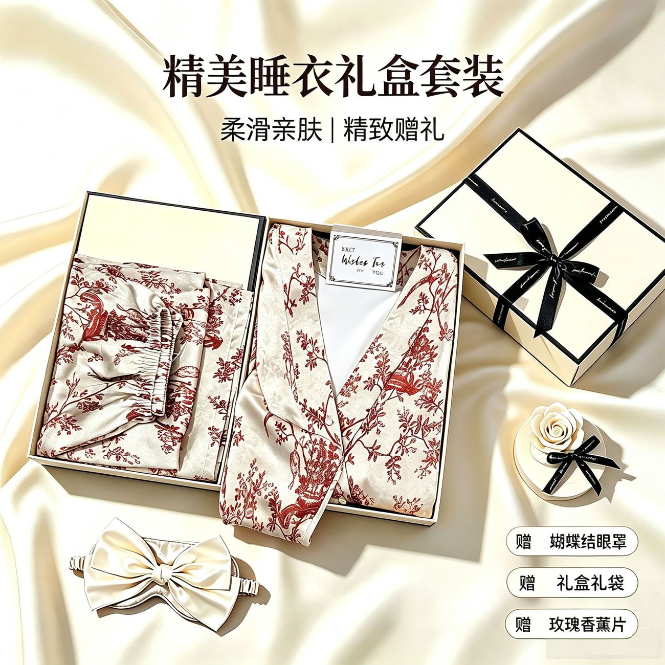 送女友老婆闺蜜生日礼物高级感春秋长袖冰丝睡衣女家居服礼盒装 红花套装【普通包装】 XL 118-135斤(可代写贺卡)