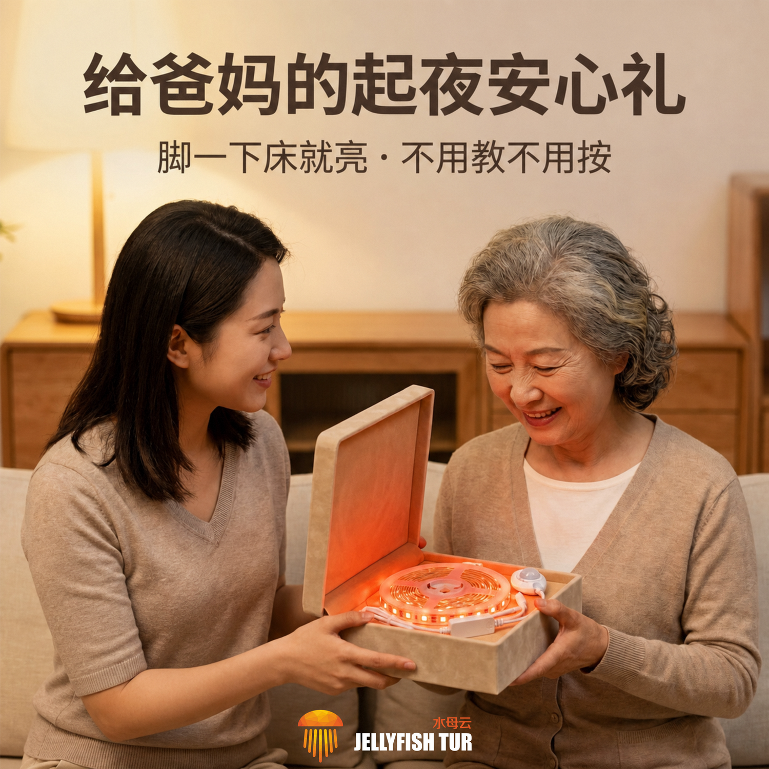 水母云 老人起夜 床底人体感应灯带 橙红光不扰眠 卧室小夜灯氛 4米人体感应套装(灯带L型安装,含控制器+电源)