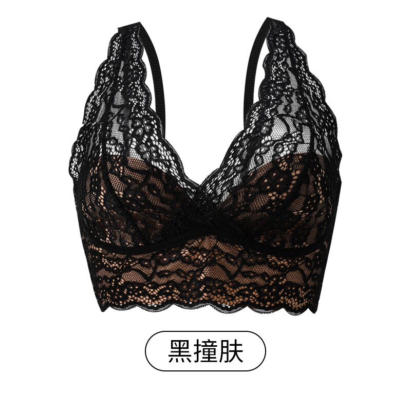 千奈美26新款法式轻奢蕾丝美背无钢圈抹胸收副乳文胸 黑撞肤 M (80-120斤)