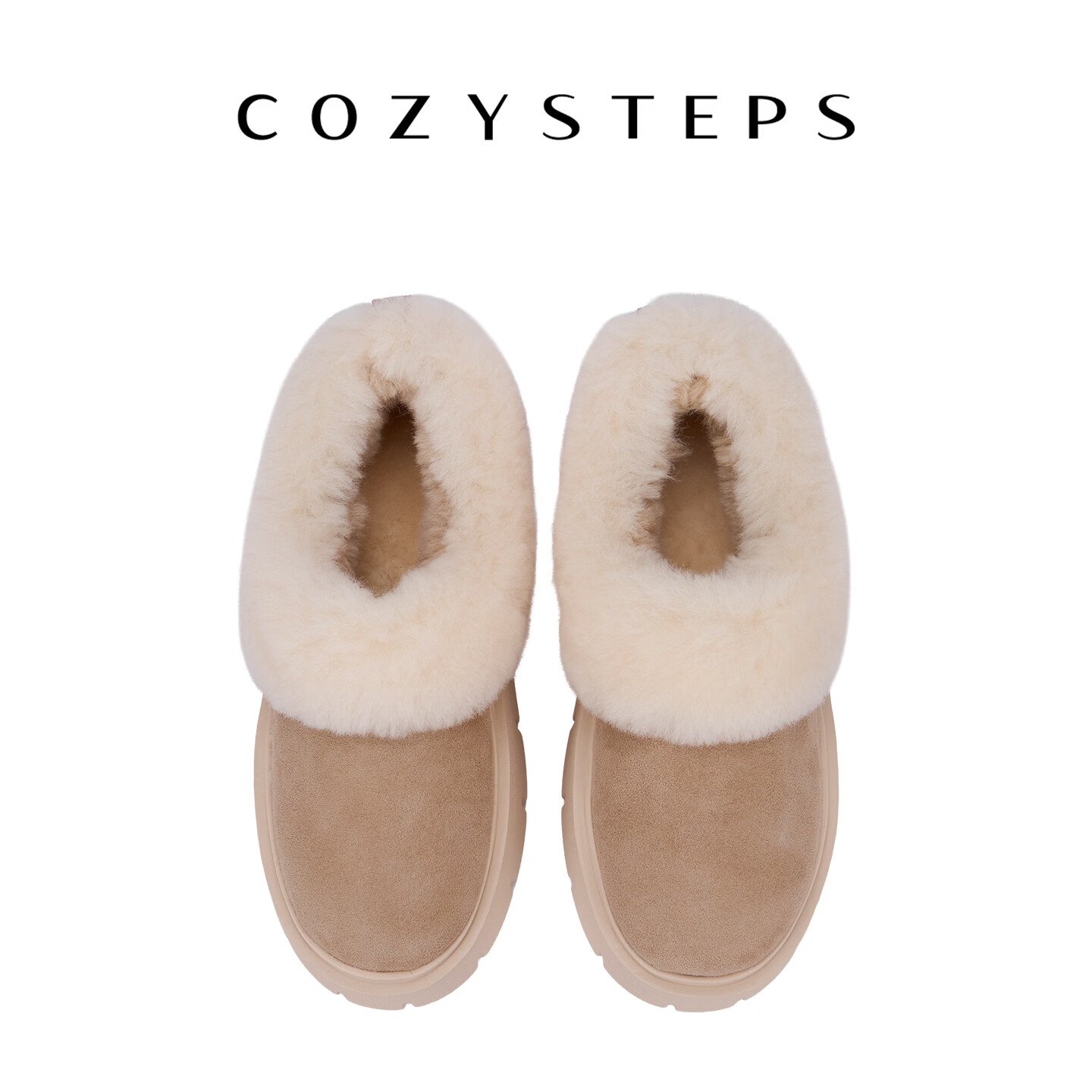 COZY STEPS可至女士26冬季新款羊皮毛一体穆勒厚底饼干拖保暖雪地靴 浅沙色 38