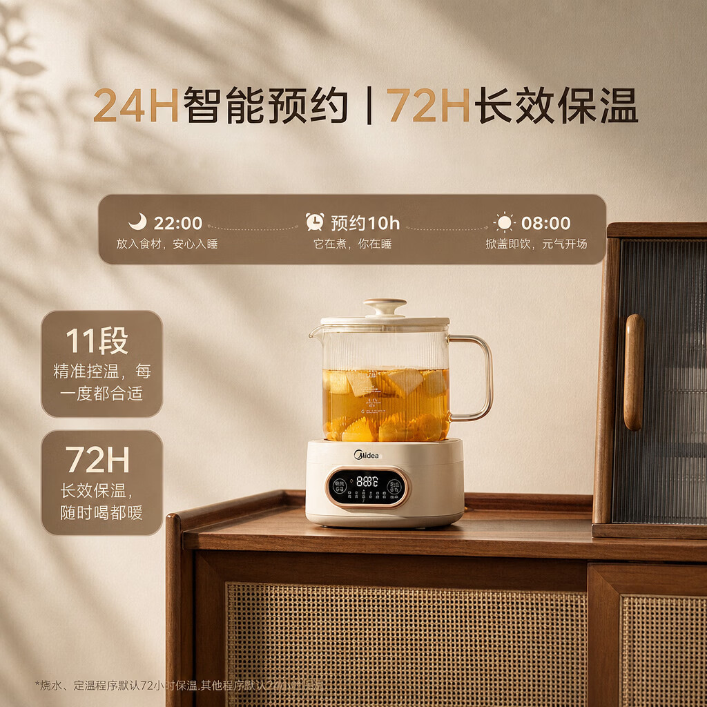 美的养生壶全玻璃0胶水1升家用办公室迷你煮茶养生壶小型一人炖煮智能预约保温 【全玻璃壶身】养生壶 1L