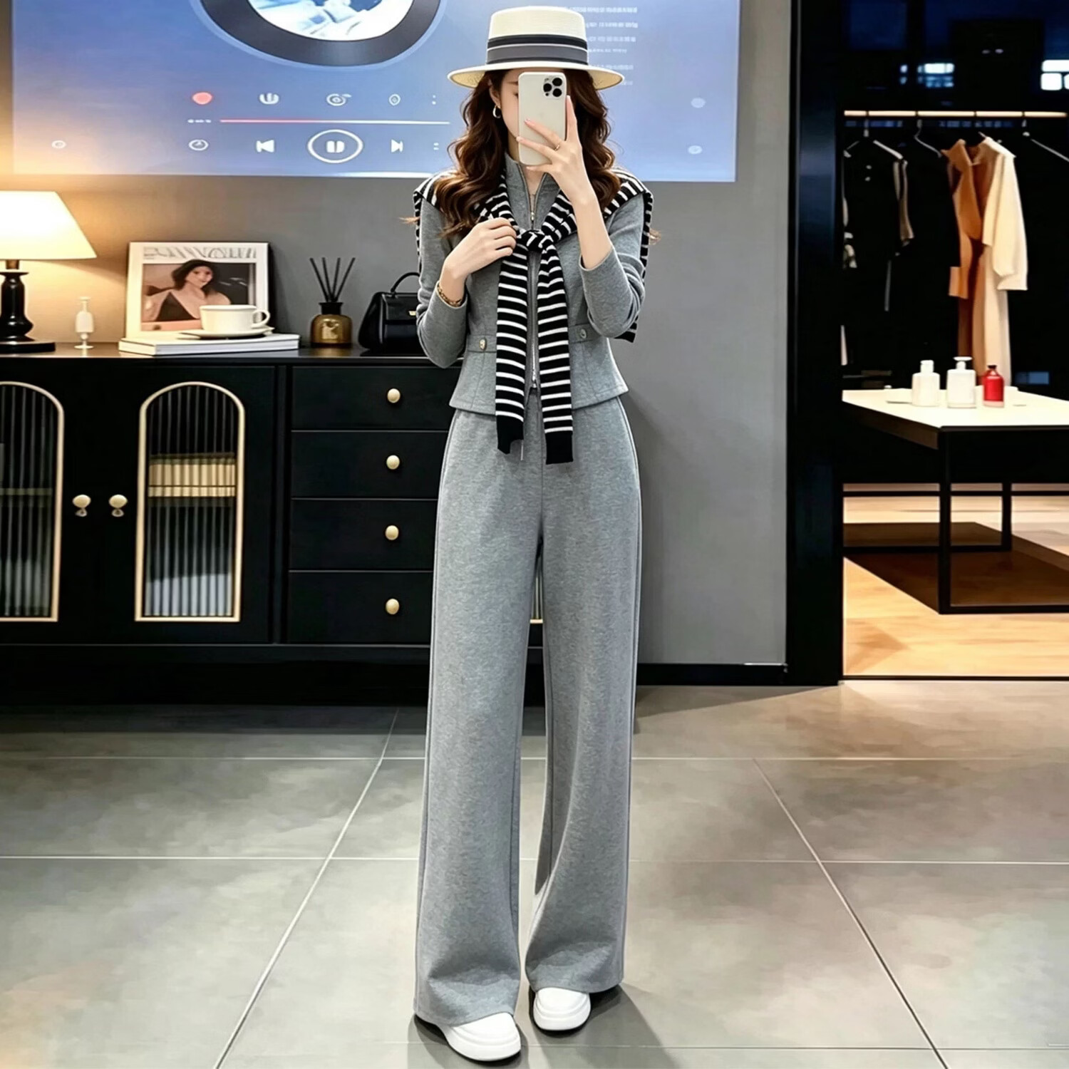 欧货休闲运动套装女秋季2026新款时尚洋气减龄高级感阔腿裤三件套 灰色三件套 XL 京东折扣/优惠券