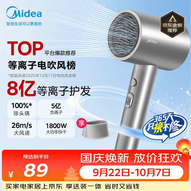 美的（Midea）8亿等离子护发电吹风 家用负离子护发吹风筒 1800W大功率快干吹风机FJ308银 节日礼物