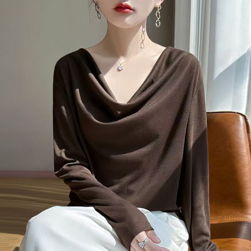 2026新款纯色宽松长袖t恤女秋装打底衫内搭上衣 棕色 (M173) 2XL (150-175)