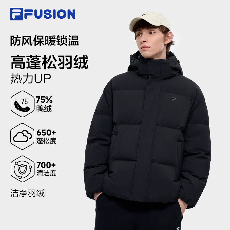 斐乐（FILA）鸭绒羽绒服男 | 潮牌冬季防风跑步羽绒外套冬训连帽保暖外套 正黑色-BK XL 180/100A