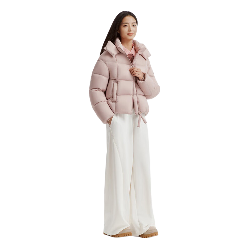 坦博尔（Tanboer）2026 秋季新款短款泡芙羽绒服女可拆卸帽90鸭绒小个子外套 西柚灰粉 S (160)