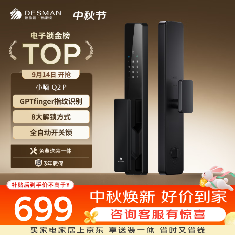 德施曼（DESMAN）智能门锁全自动C级锁芯入户门防盗指纹密码电子锁小嘀Q2P